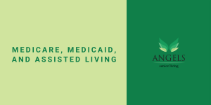Yellow background with text on left reading "Medicare, Medicaid, and Assisted Living" and green strip with logo on right